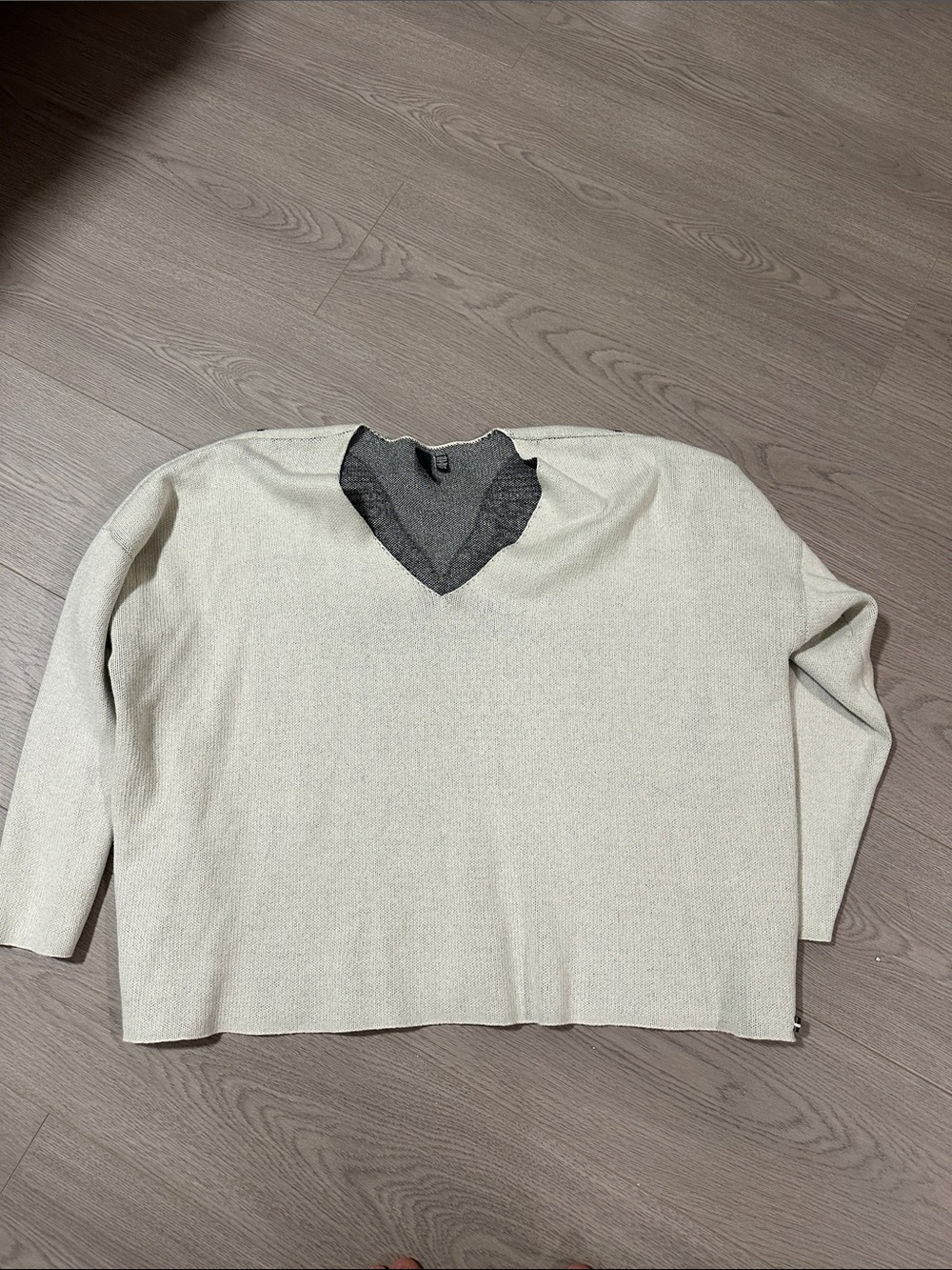 Womens Cream V-Neck Sweater with Charcoal Trim